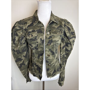 Trendy Blue Jean Green Camouflage Short Fringed Denim Jacket Puff Sleeve Small